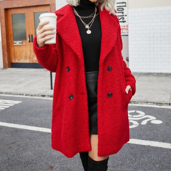 BellanBlue Jackets & Blazers - Cozy Red Oversized Teddy Pea Coat Jacket Button up Luxe